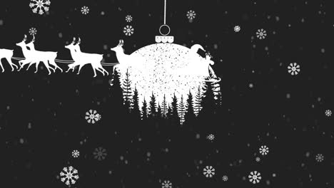 Santa-claus-in-sleigh-being-pulled-by-reindeers-against-hanging-bauble-decoration