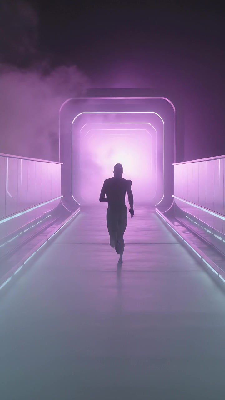 Video verticale: Corridore in tuta che scatta, reagendo a un portale viola brillante in un tunnel, con nebbia