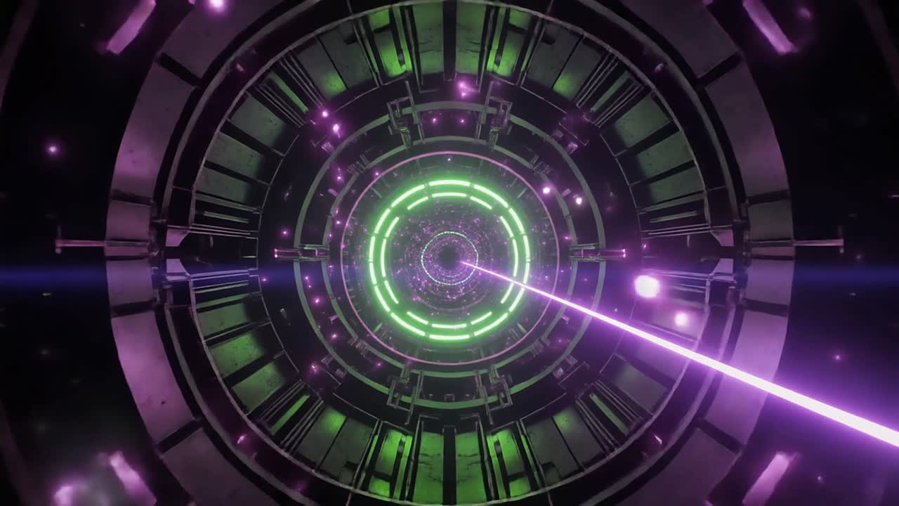 Tunnel digitale futuristico con anelli verdi luminosi e raggio laser viola
