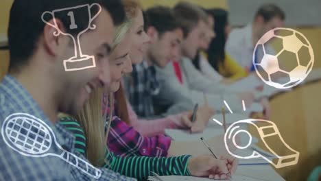 múltiples iconos de concepto deportivo contra un grupo de estudiantes universitarios que estudian en la clase en la universidad