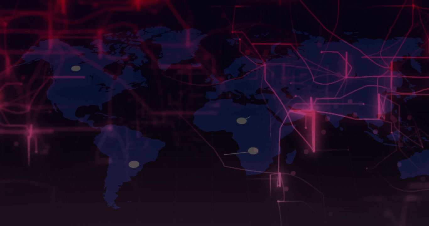 Stylized world map fading in, nodes appearing connecting via lines over red grid simulating network