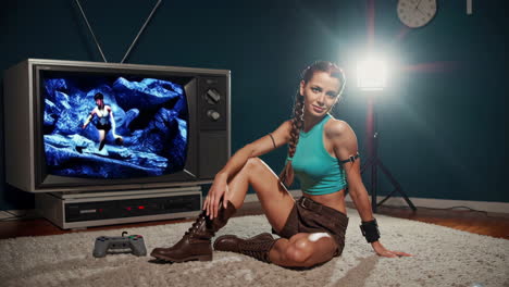 woman in retro explorer cosplay, sitting in front of a vintage tv