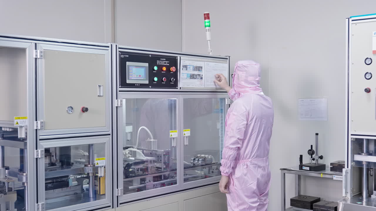 Scientist in Lab Coat Checking Production Line and configures control panel machinery in laboratory