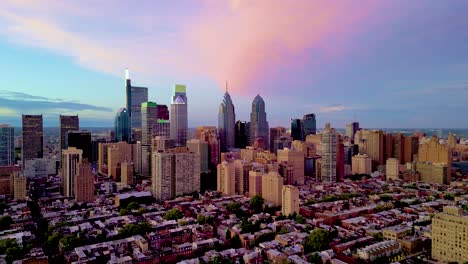 philadelphia downtown after summer storm, aerial pano, purple sky