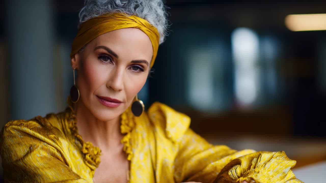 Donna elegante con capelli grigi ricci e una sorprendente camicetta gialla che posa con sicurezza, mettendo in mostra il suo stile e la sua eleganza unici in un ambiente artistico al chiuso