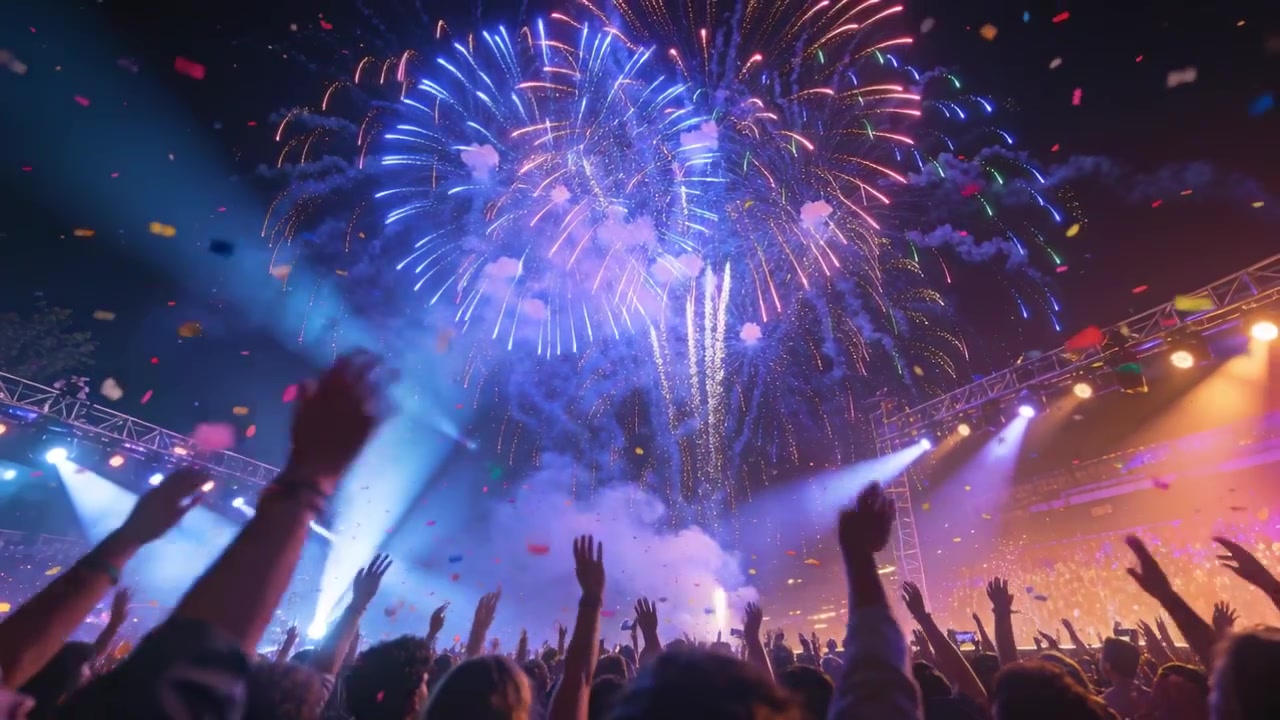 Jublende publikum rækker hænderne op mod fyrværkeriudbrud ved natkoncert, konfetti, lys, jakker.