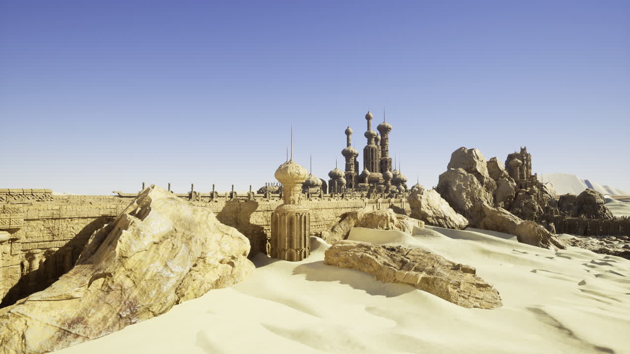 Desert landscape with ancient architecture under a clear blue sky