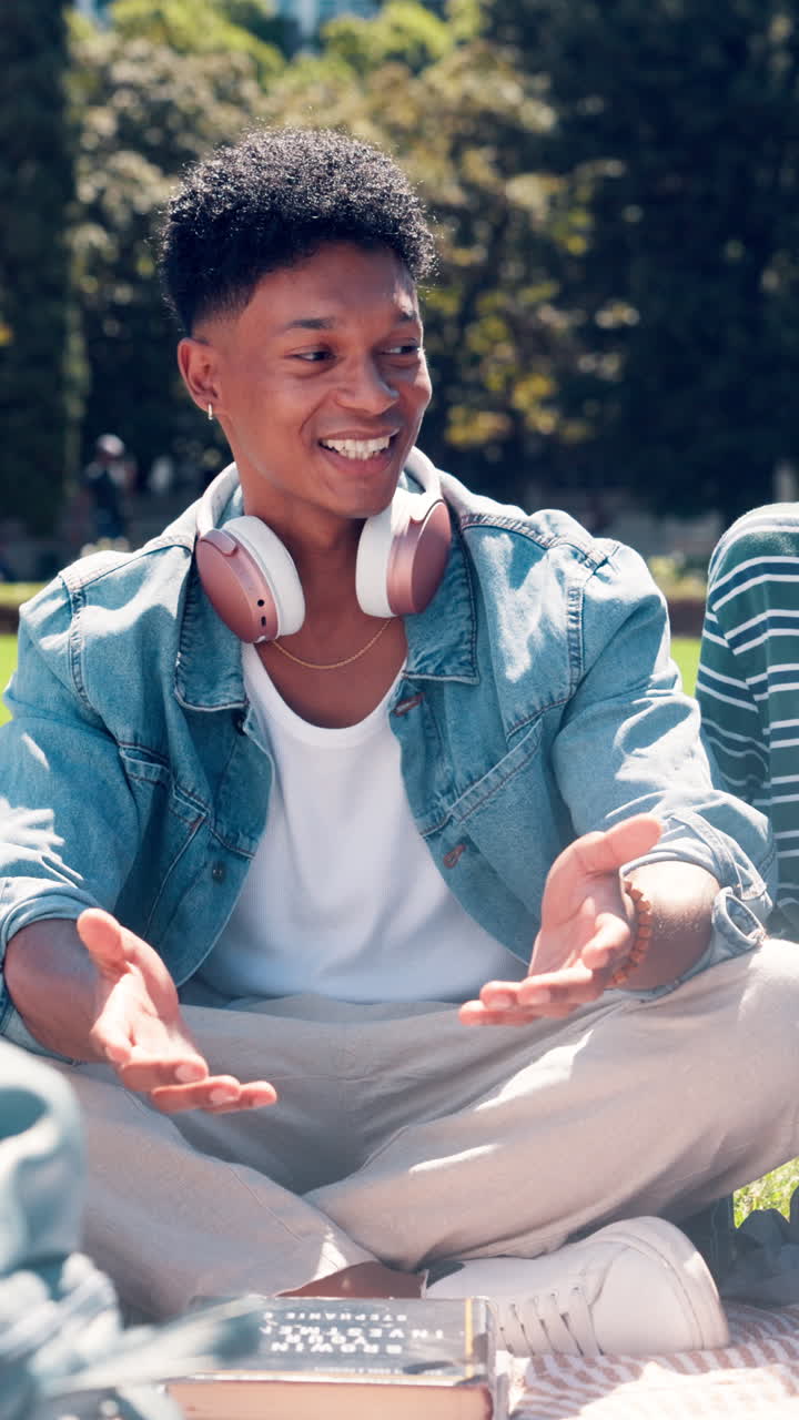 Expressive Young Man Engaged in Conversation in a Park