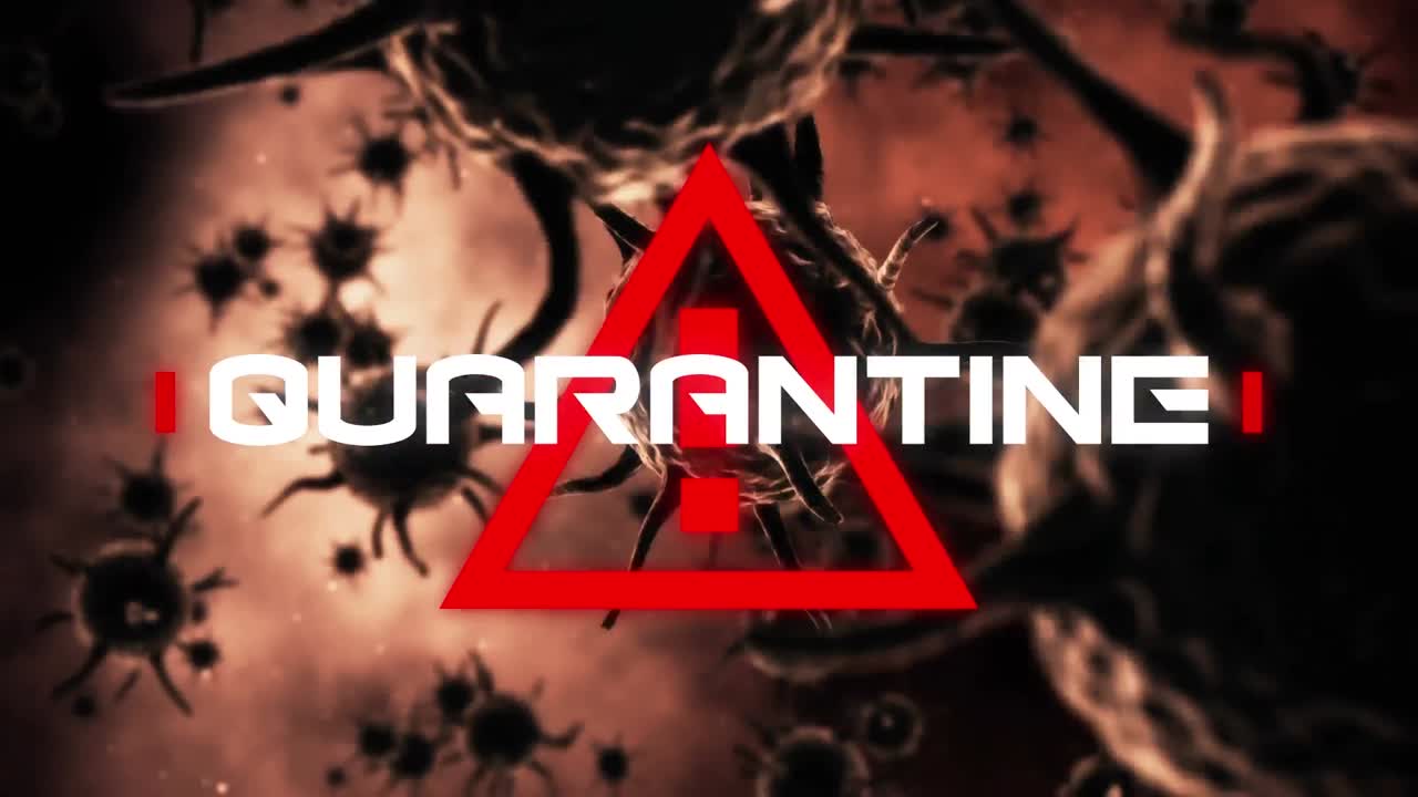 signo de atención con texto de cuarentena contra las células de covid-19 que se mueven