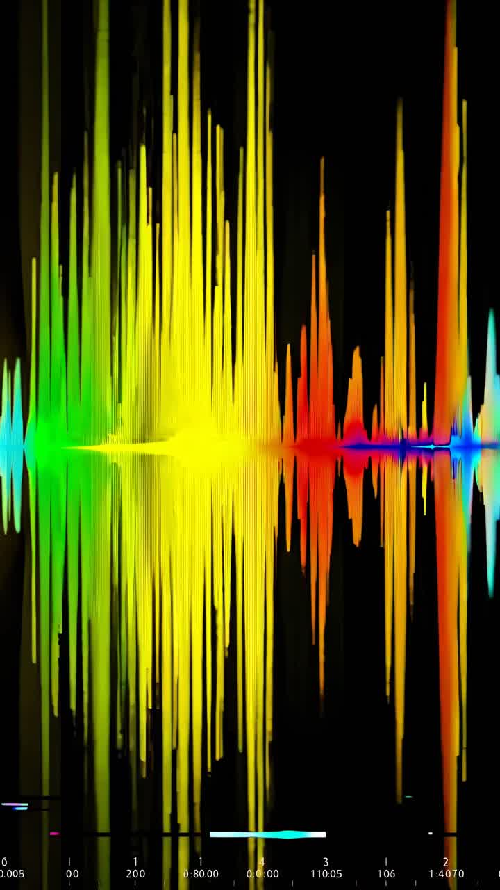 Colorful audio waveform in green and blue, viewed from a top-down angle, resembling a video sound