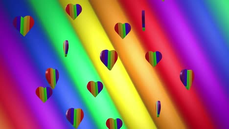 animation of rainbow hearts over rainbow stripes and colours moving on seamless loop