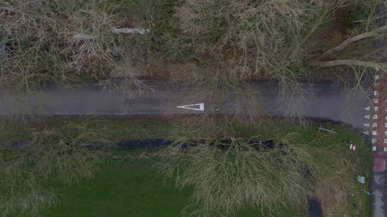 Vista aerea di una strada tranquilla con bicicletta e alberi a Grijpskerk, Groninga, Paesi Bassi