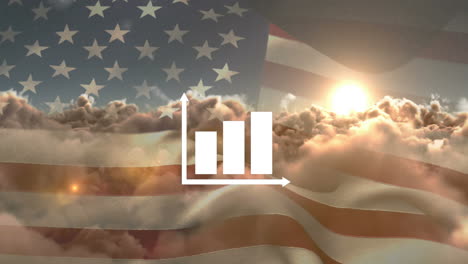 animation of statistic processing over clouds and flag of usa