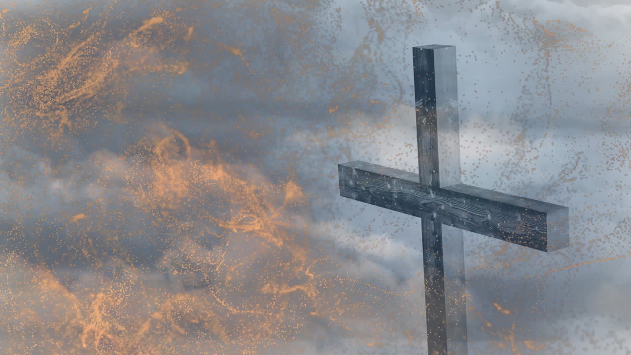 Fiery particles swirling around cross against cloudy sky in animation