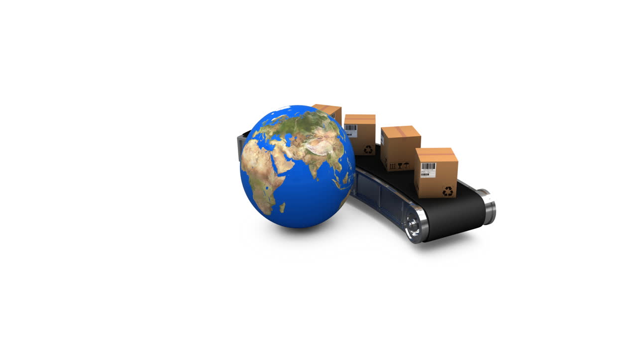 animación de un globo junto a cajas de cartón en una cinta transportadora sobre fondo blanco