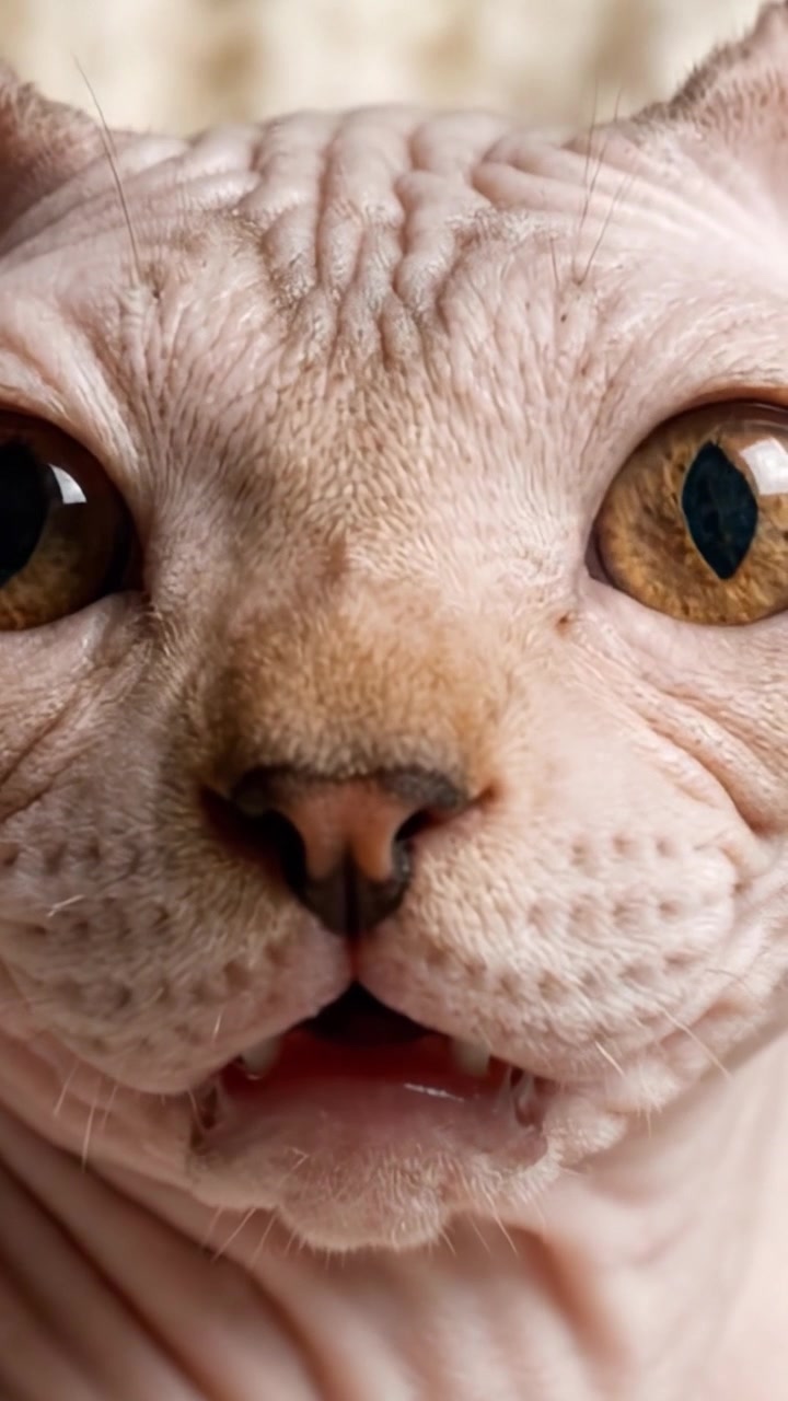 Primo piano di un giocoso gatto Sphynx con caratteristiche distintive che mette in mostra la sua espressione e personalità uniche in due fotogrammi dinamici