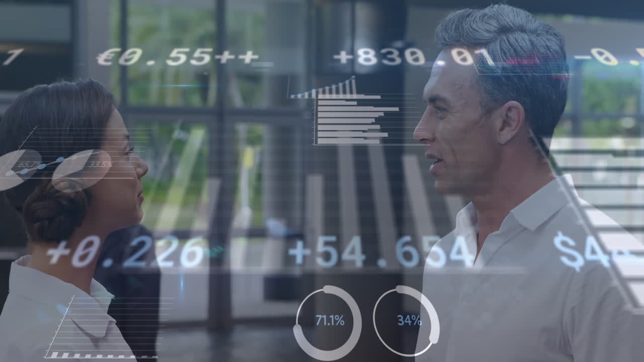 Animation of digital interface, financial data processing over caucasian businesspeople