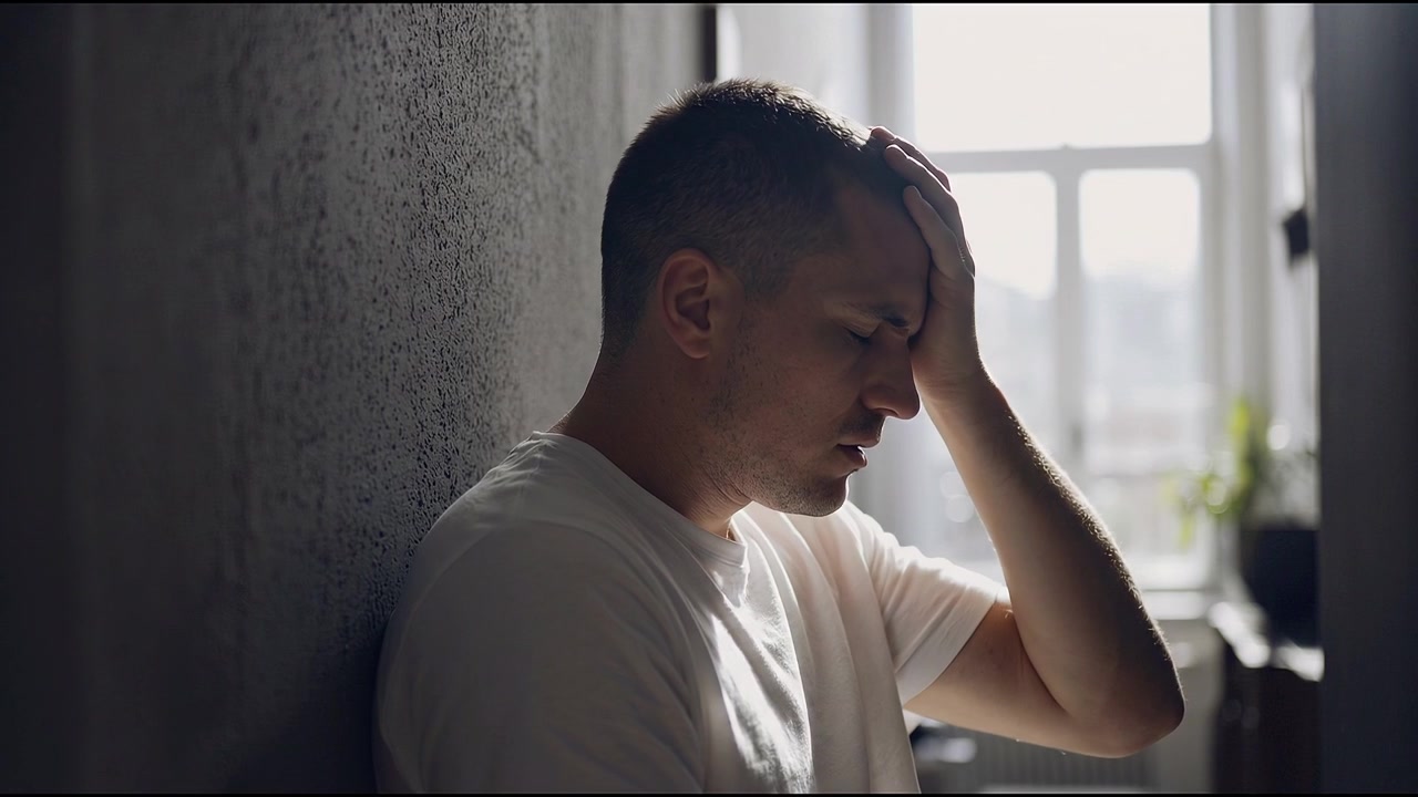 Young man touching forehead and appearing emotionally distressed while sitting alone indoors