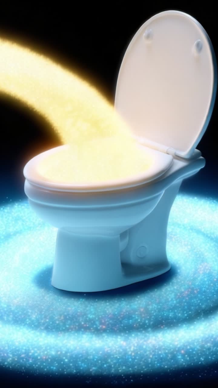 A Magical Toilet Overflowing with Glimmering Stardust, Creating a Dazzling Cosmic Effect with Sparkling Colors and Imaginative Visuals in a Dynamic Scene