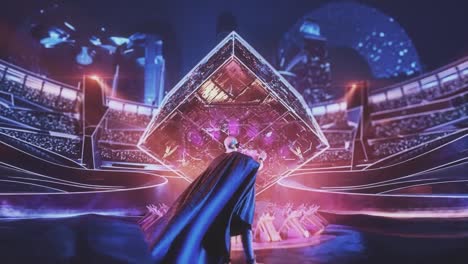 figura futurista en el escenario con un cubo gigante