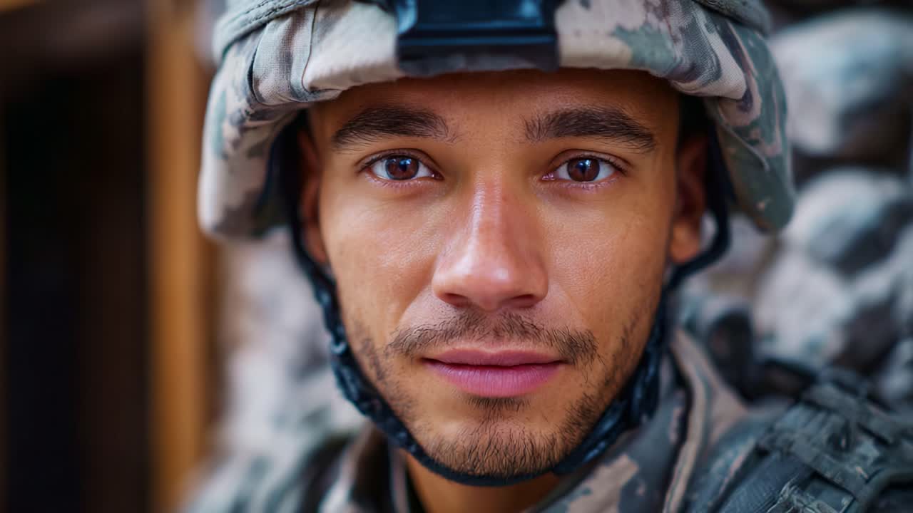 Un militare concentrato posa per una fotografia, rivelando un’espressione seria e indossando un elmetto mimetico, a testimonianza della sua dedizione e del suo impegno nel servizio.