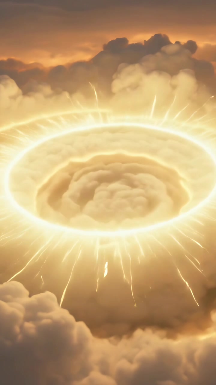 Vertical video: Descending beam hitting clouds at dusk, creating concentric glowing ring and sparks