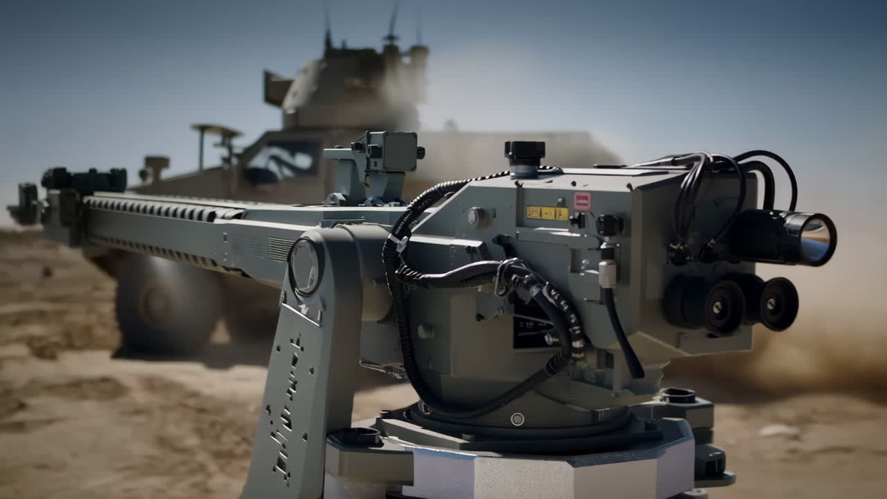 Military Vehicle with Remote Weapon Station in Desert Terrain
