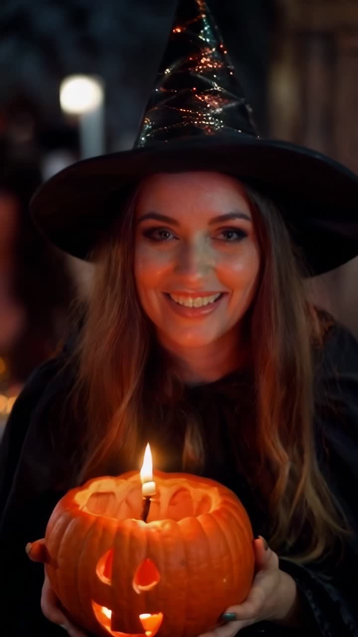 A woman is holding a pumpkin lantern with a candle inside, Halloween tradition