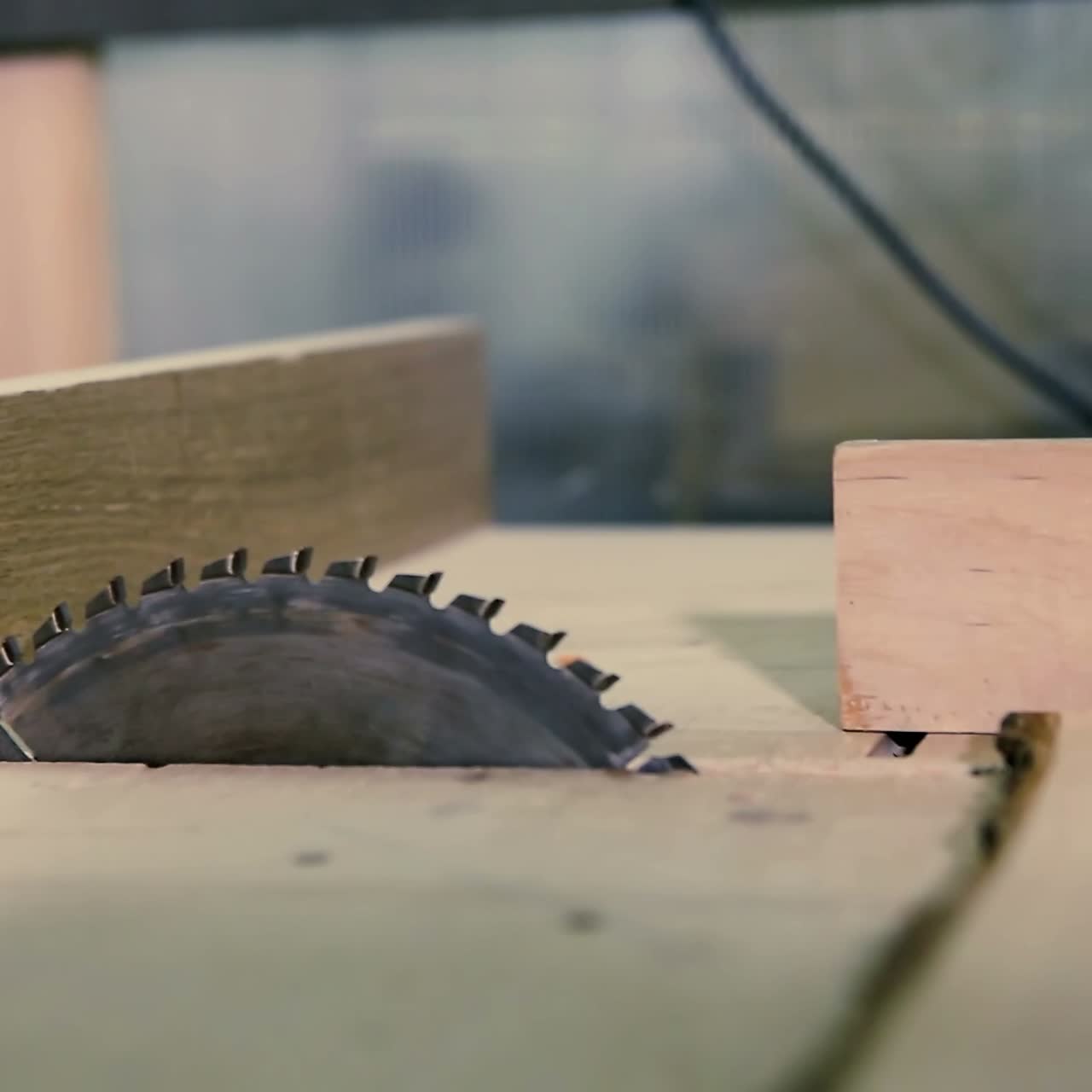 Cutting Wood In Carpenter Workshop With Table Circular Saw