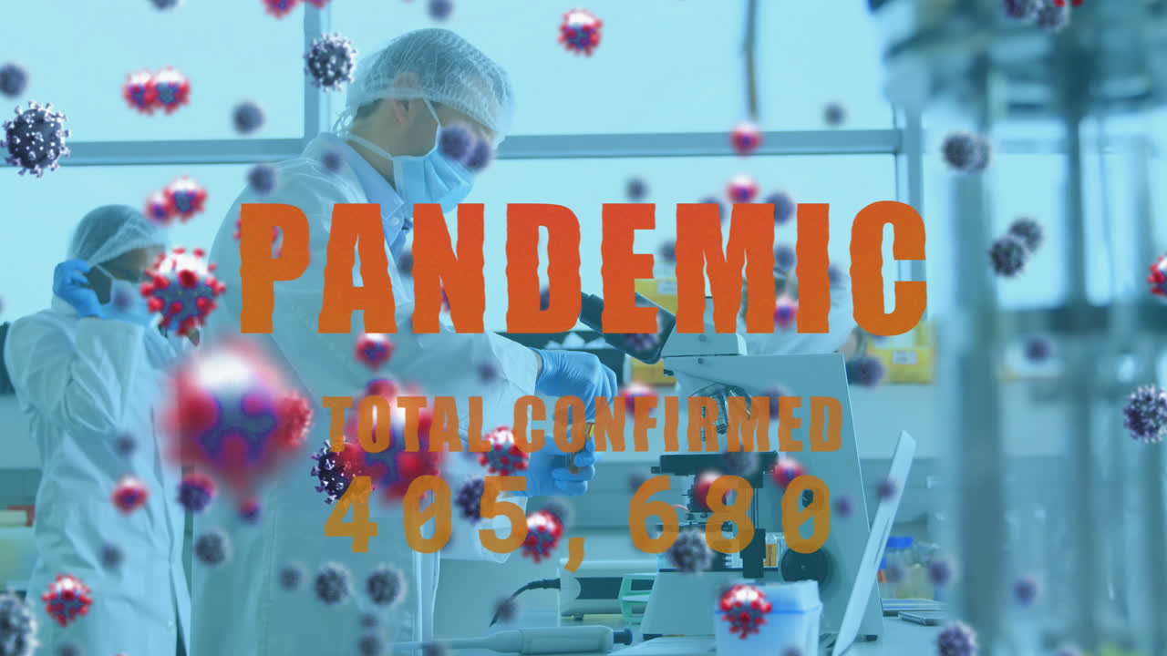 Animation of virus cells and pandemic text over diverse doctors