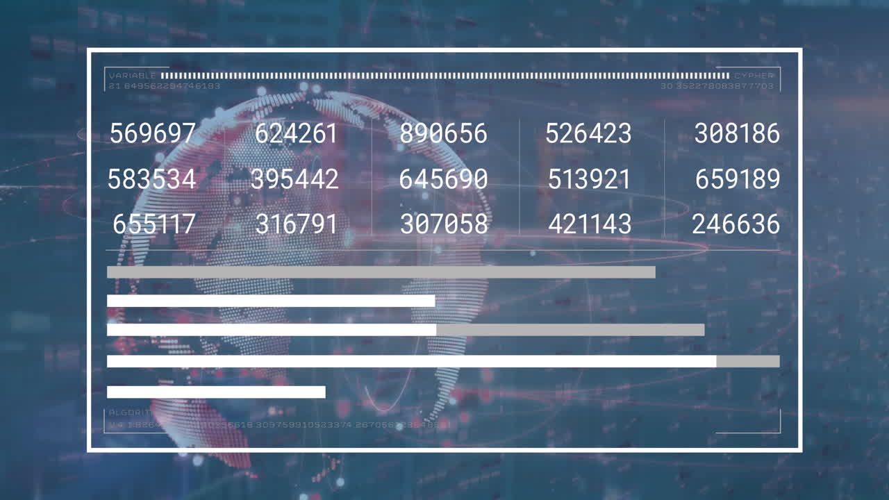 animación de números cambiantes, gráficos, barra de carga sobre barras y globo giratorio