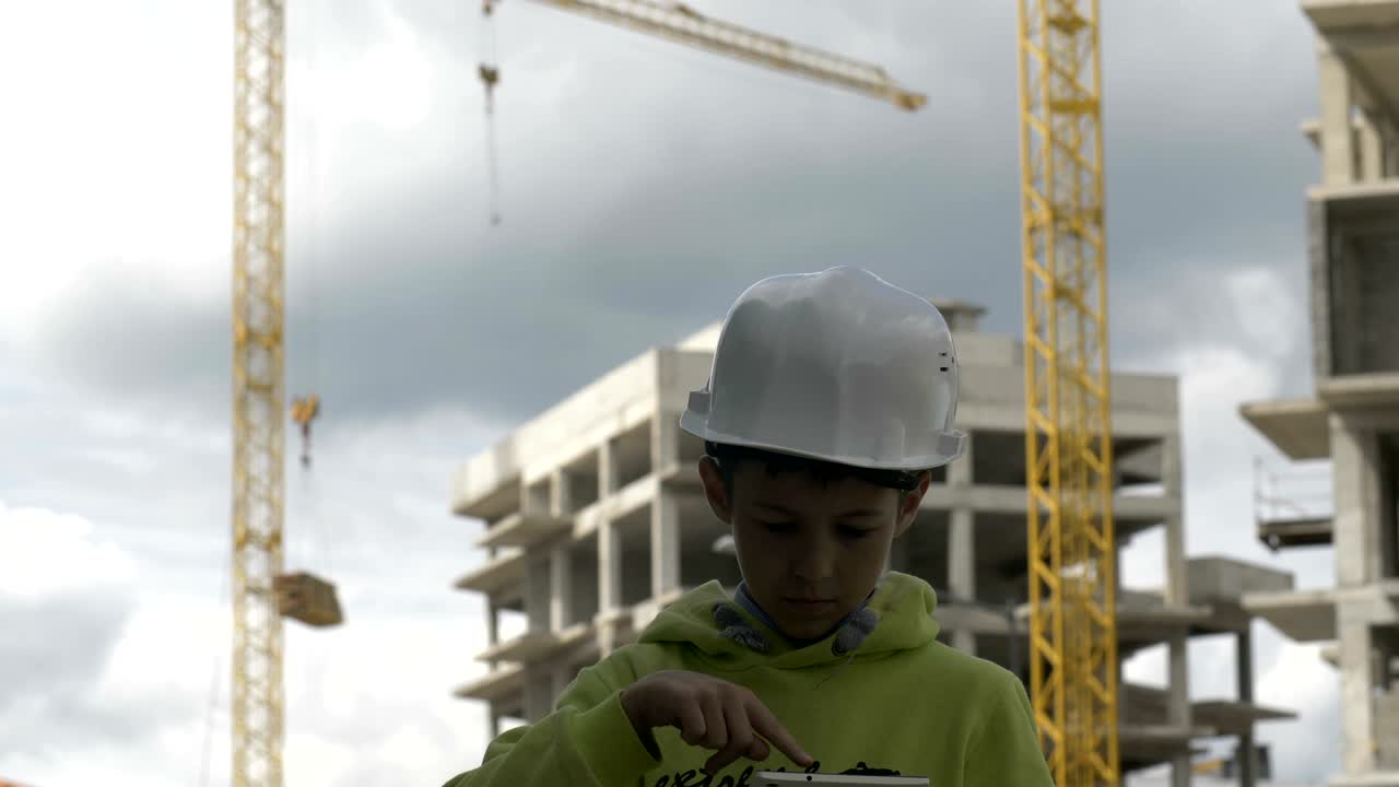 niño con un casco de constructor juega un constructor, controla el proyecto en la tableta
