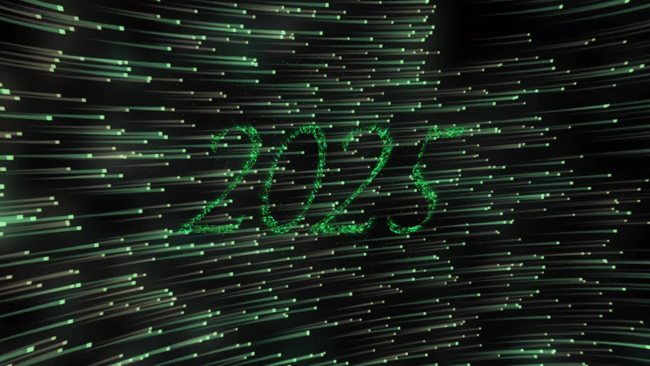 2025 text animation with green light trails in background, futuristic design