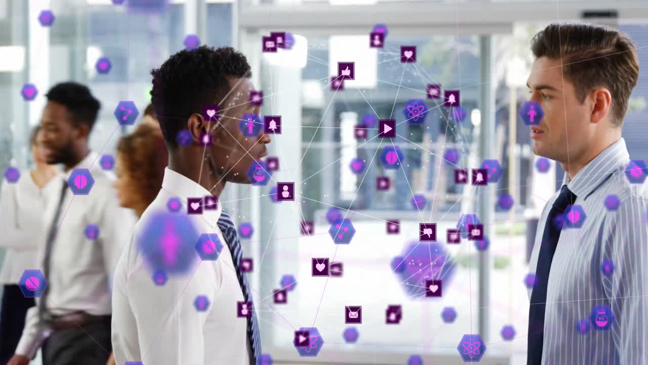 animación de la red de conexiones con iconos sobre diversas personas de negocios en la oficina