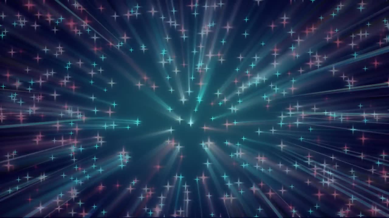 빛나는 별과 빛의 흔적이 파란색 배경에 움직입니다.