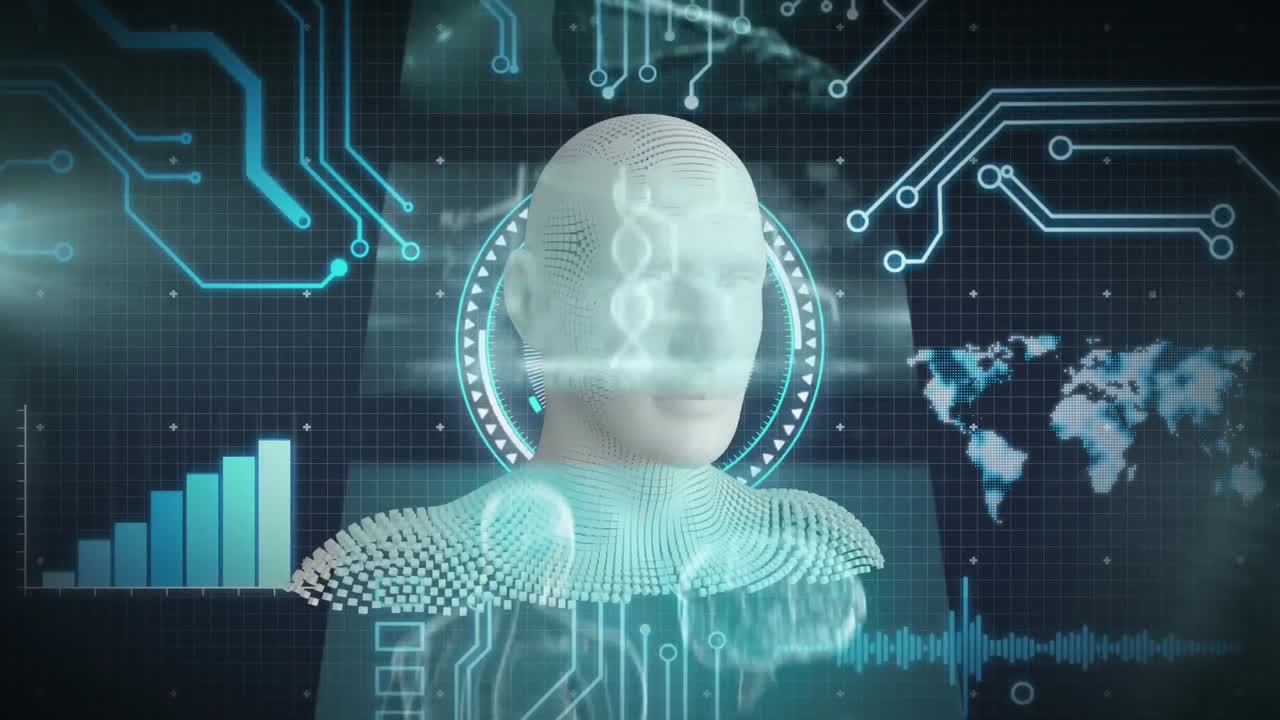 animación de la cabeza humana y procesamiento de datos científicos sobre un fondo azul.