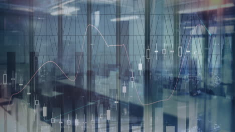 animation of multiple graphs and empty office over time lapse of walking people against glass window