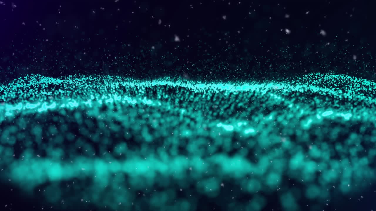 Animation of white snowflakes falling over undulating landscape of contoured blue particles