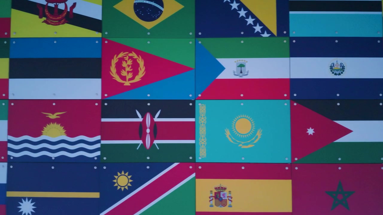 World flags wall panning left across a grid of international banners and national symbols, ideal for globalization, diplomacy, multicultural education, and travel concepts.