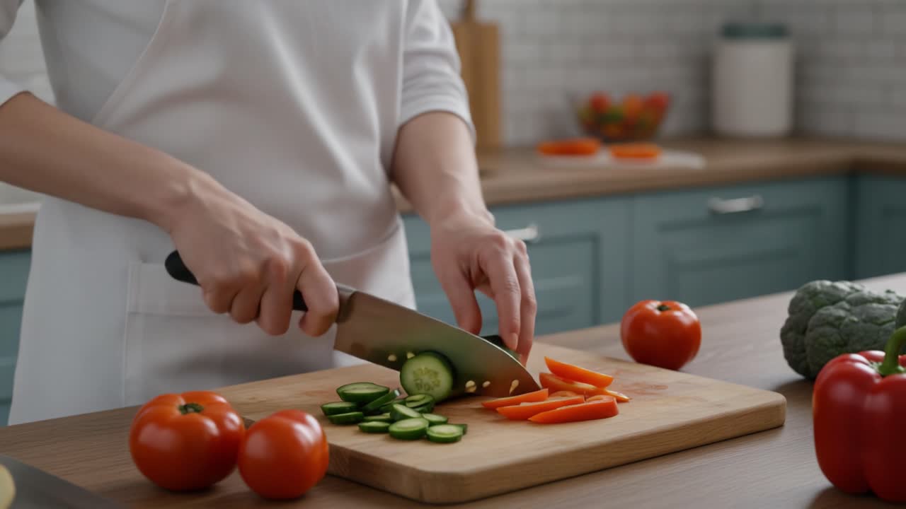 A Culinary Journey of Chopping Fresh Vegetables: The Art of Preparing Tomatoes, Cucumbers, and Peppers for a Healthy Meal