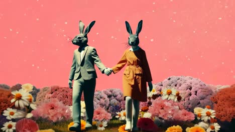 surreal video concept with two rabbit-headed figures in formal attire walking hand in hand