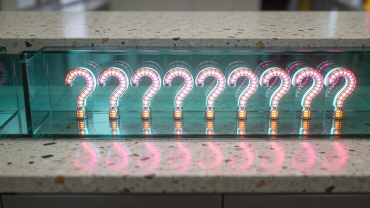 Timed pulsing 12 question-mark lights in teal box casting reflection on counter, showing gold bases