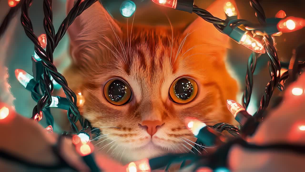 Adorable fluffy kitten gazing curiously at twinkling christmas lights, creating warmth and festive magic within cozy home interior during holiday season