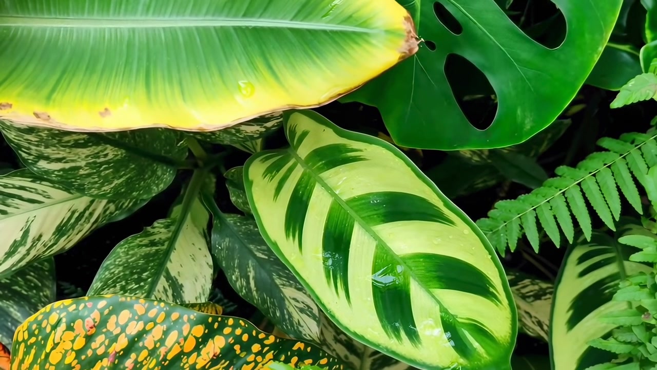 Vista dettagliata di lussureggiante fogliame tropicale con goccioline d'acqua