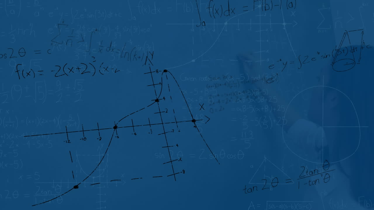 Animation of abstract shapes and mathematical equations over female teacher writing on blackboard