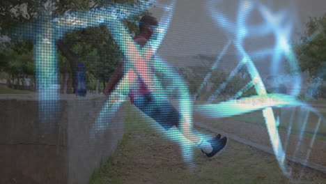animación de una hebra de adn brillante que gira sobre un atleta masculino haciendo ejercicio al aire libre