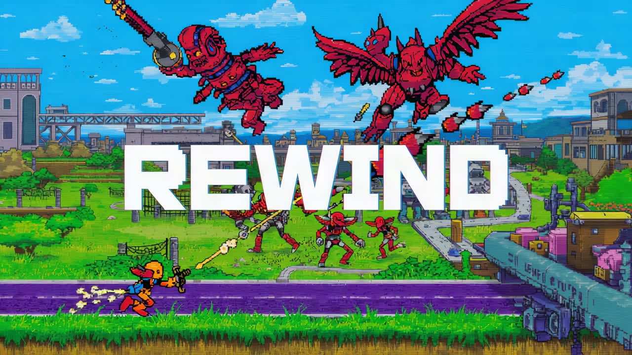 Pressing fire button yellow helmet player running and firing blaster to hit enemies on track REWIND