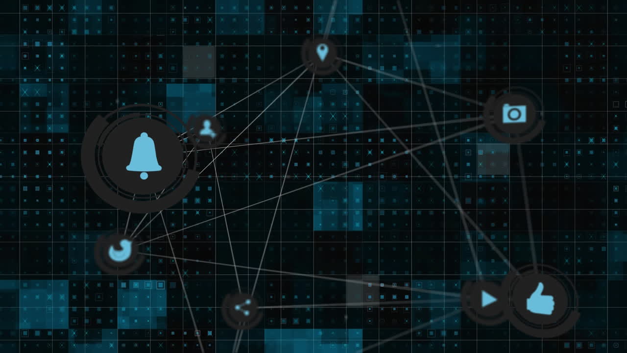 Digital animation showcases network icons on blue mosaics, symbolizing tech connectivity.
