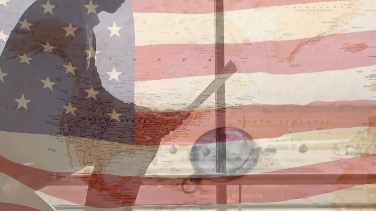 animación de la bandera de los estados unidos ondeando sobre un hombre caucásico leyendo un periódico y un mapa antiguo
