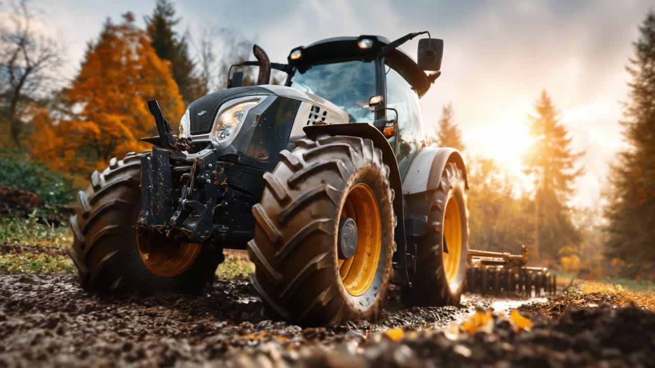 Un potente trattore in azione in un suggestivo paesaggio autunnale, che mostra la forza e l'innovazione agricola su un sentiero di terra luccicante.